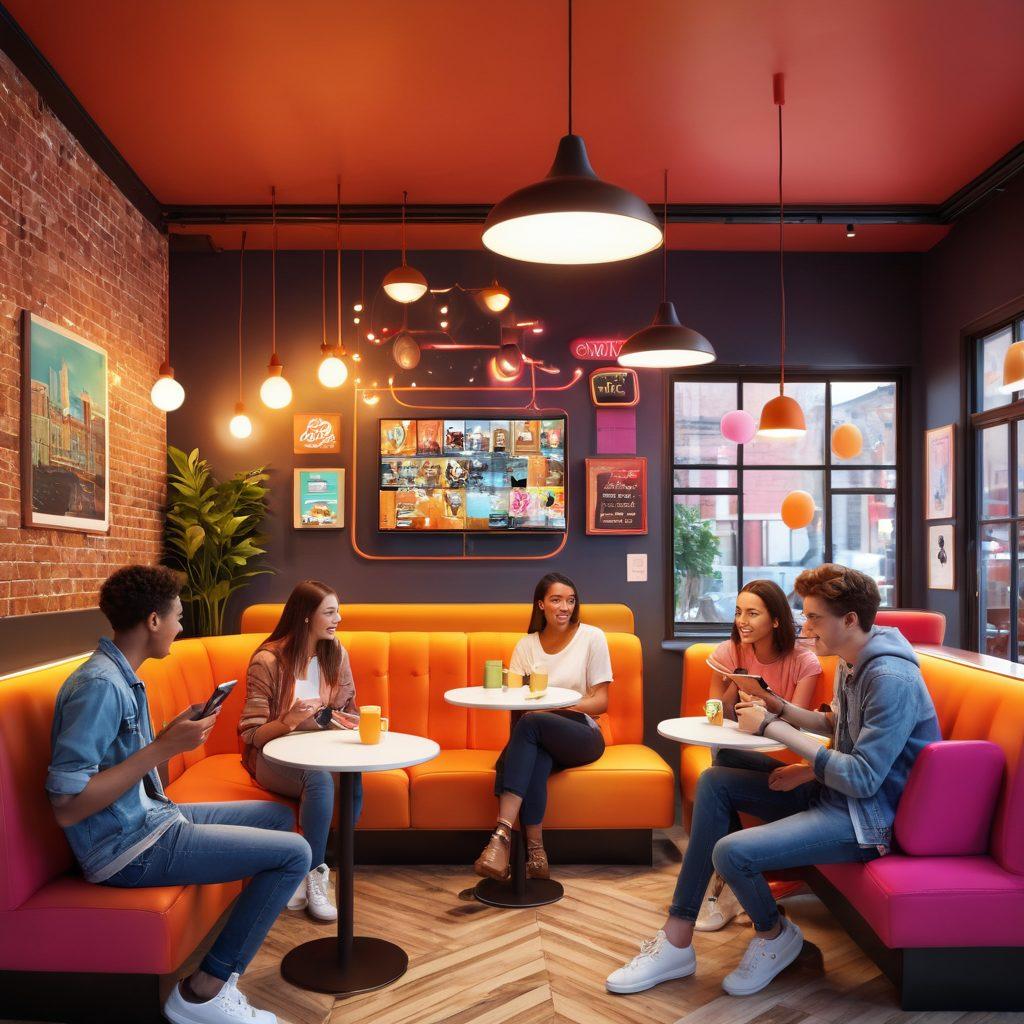 A vibrant scene featuring a diverse group of teenagers sitting in a trendy cafe, animatedly sharing videos on their smartphones. Bright colors highlight their expressions of excitement and engagement, with speech bubbles showing various social media platforms. The background has modern decor and hints of technology, symbolizing connectivity. The scene captures a sense of collaboration and creativity in video sharing. bright colors. 3D. urban illustration.