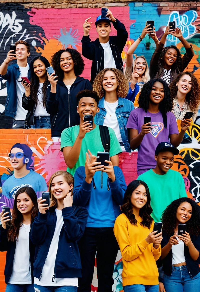 A dynamic collage showcasing a diverse group of enthusiastic teens filming videos with smartphones and cameras in a vibrant urban setting, surrounded by colorful graffiti and digital-inspired elements like social media icons. Incorporate expressive gestures and joyful faces that convey creativity and excitement. Enhance the scene with dynamic lighting and energy bursts to evoke passion for video sharing. Pop culture references subtly integrated in the background. super-realistic. vibrant colors. urban aesthetic.