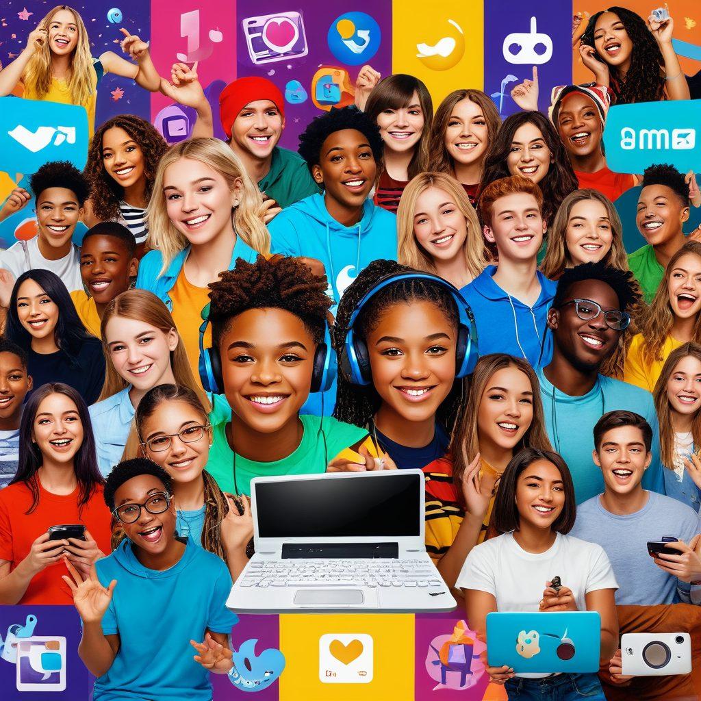 A vibrant collage of diverse teens engaged in creating and consuming video content on various devices, showcasing clips of gaming, dance challenges, and vlogs. Include dynamic elements like animated emojis and social media icons to highlight engagement. Use fun and bright colors to capture the energy of youth culture. super-realistic. vibrant colors. dynamic composition.